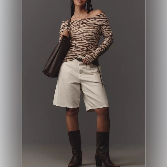 NWT Anthropologie Off The Shoulder Long Sleeve Top Brown Zebra Size M - Picture 10 of 14